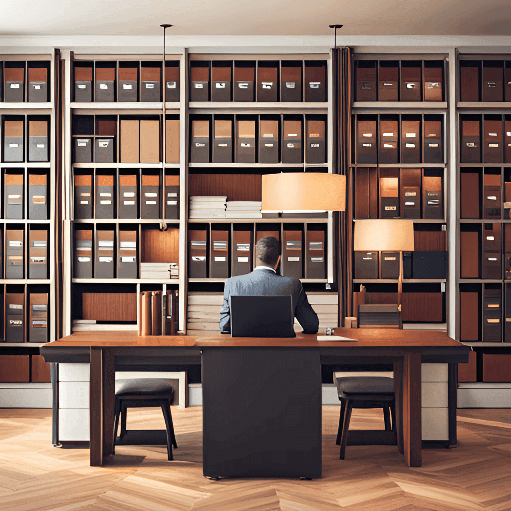A person reading a book in an library with shelves.