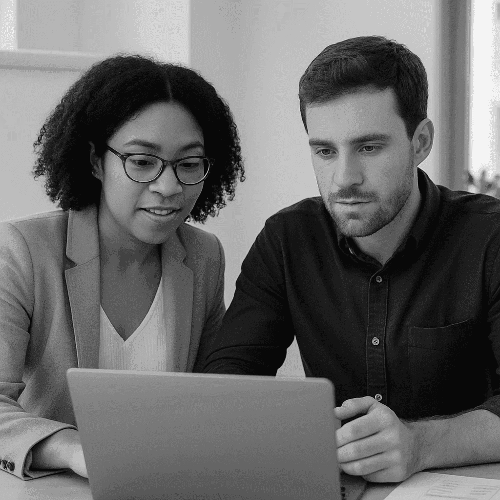 Two people using a Macbook at the table.