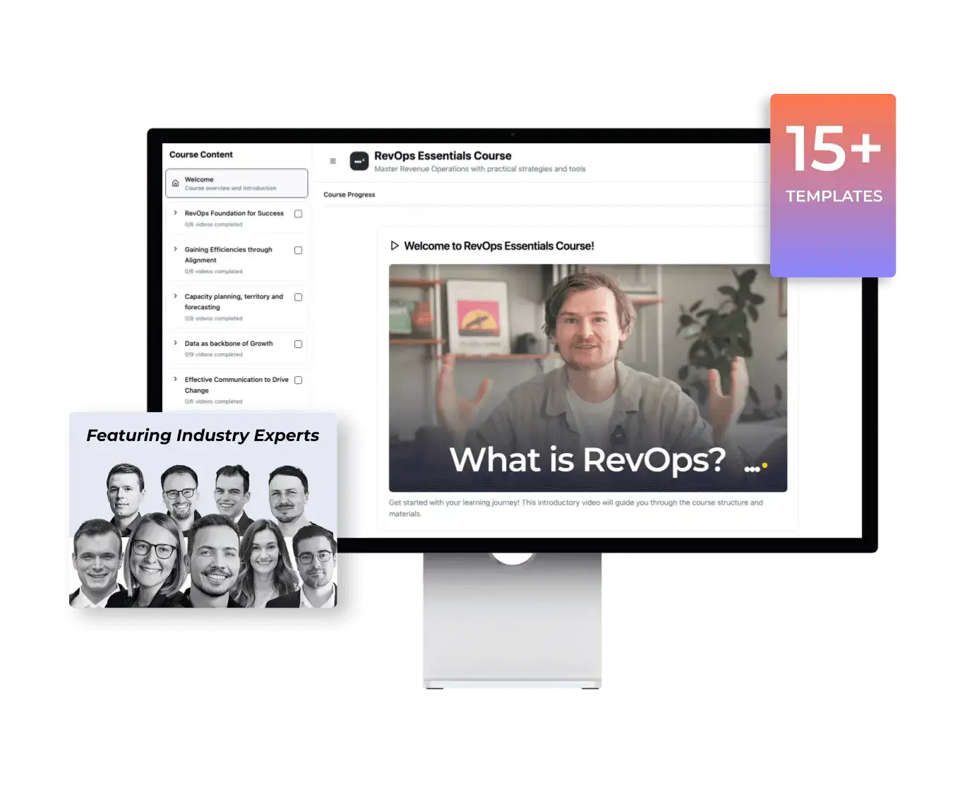De interface van de RevOps Essentials Course op een scherm met een "15+ templates"-tag en portretfoto's van bekende experts uit de sector.
