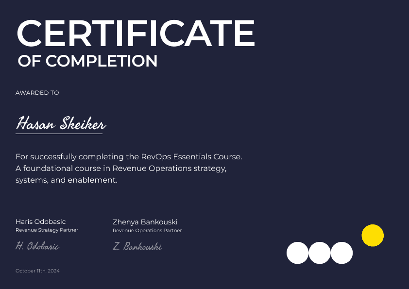 evOps Essentials Course certificate awarded to Hasan Sheiker, featuring signatures from industry partners.