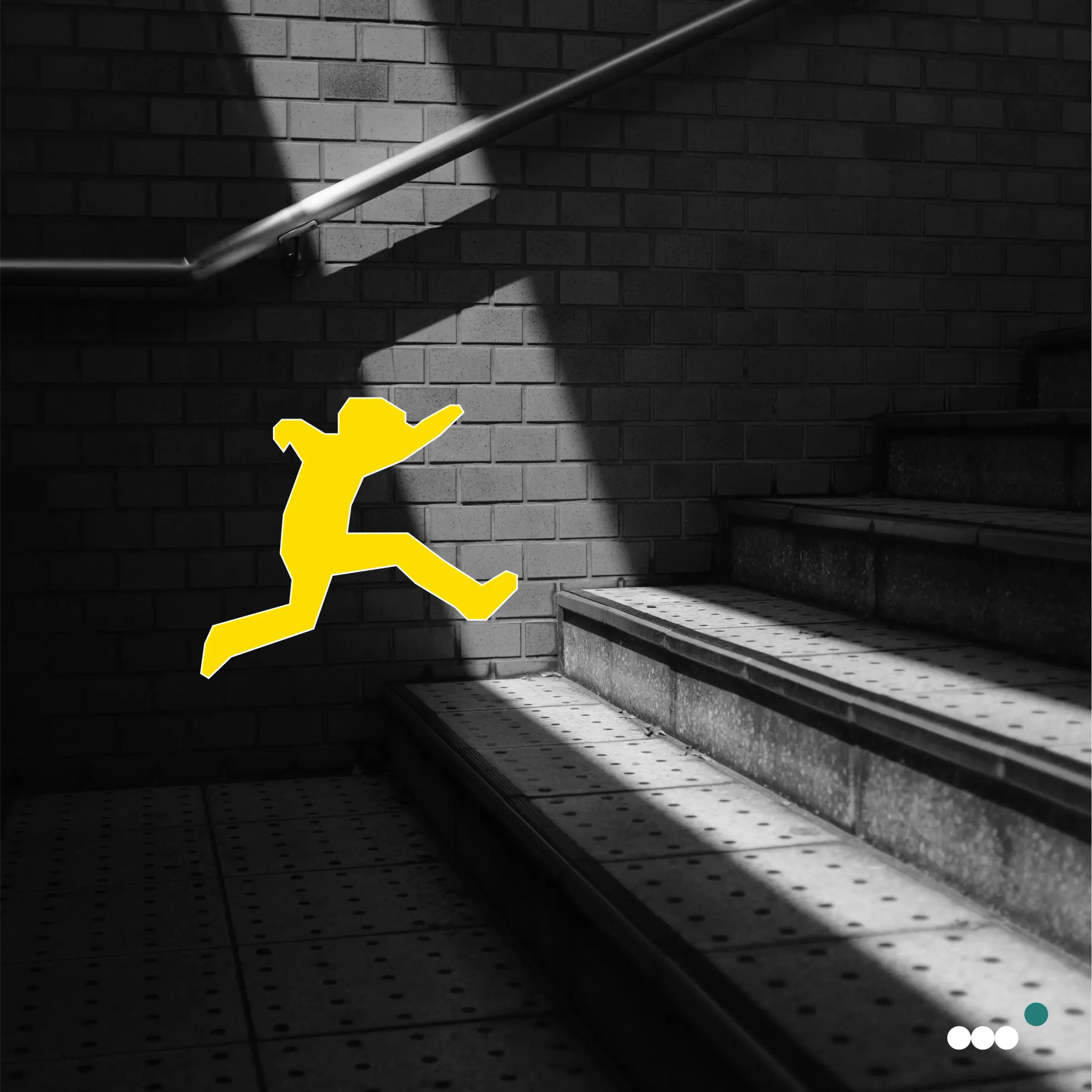 A bright yellow stylized figure jumping over dark stairs