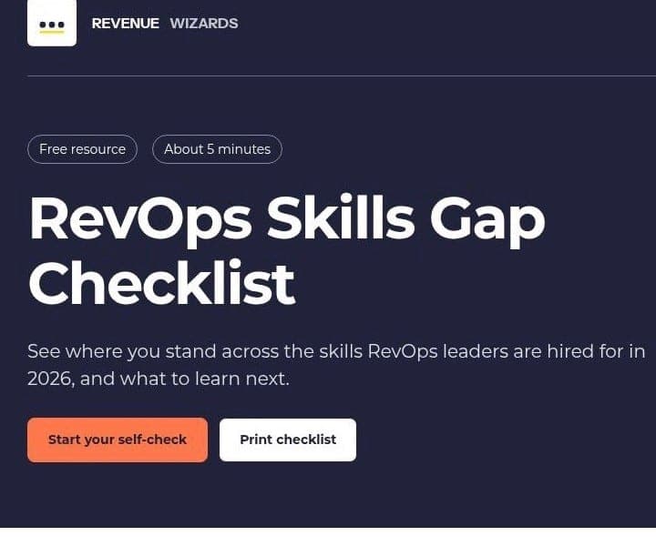 RevOps Skills Gap Checklist: rate 35 RevOps skills across seven areas and see your top gaps.