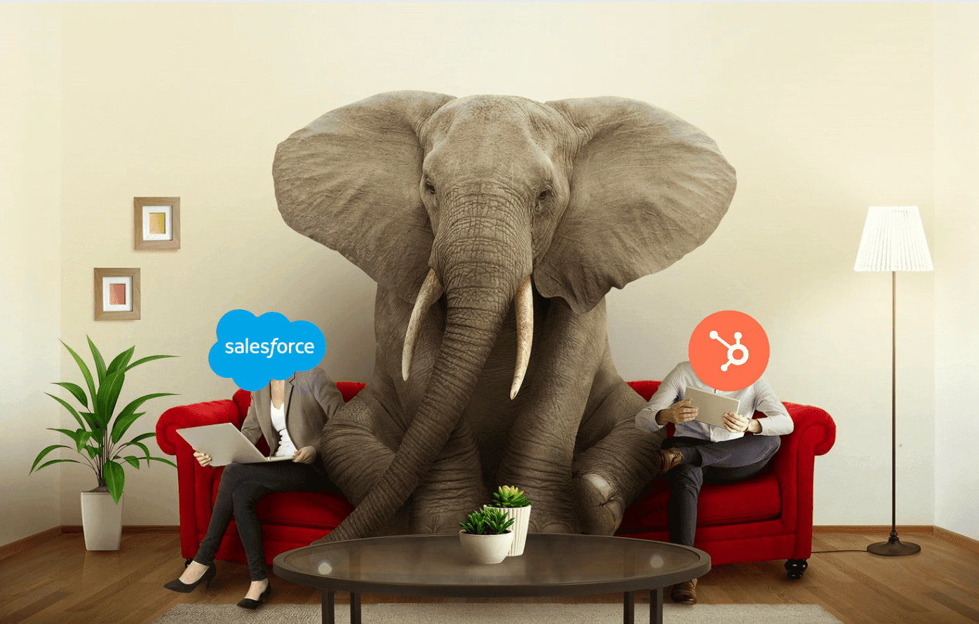 Illustration of an elephant on a sofa between a Salesforce user and a HubSpot user, showing the competition between the two vendors
