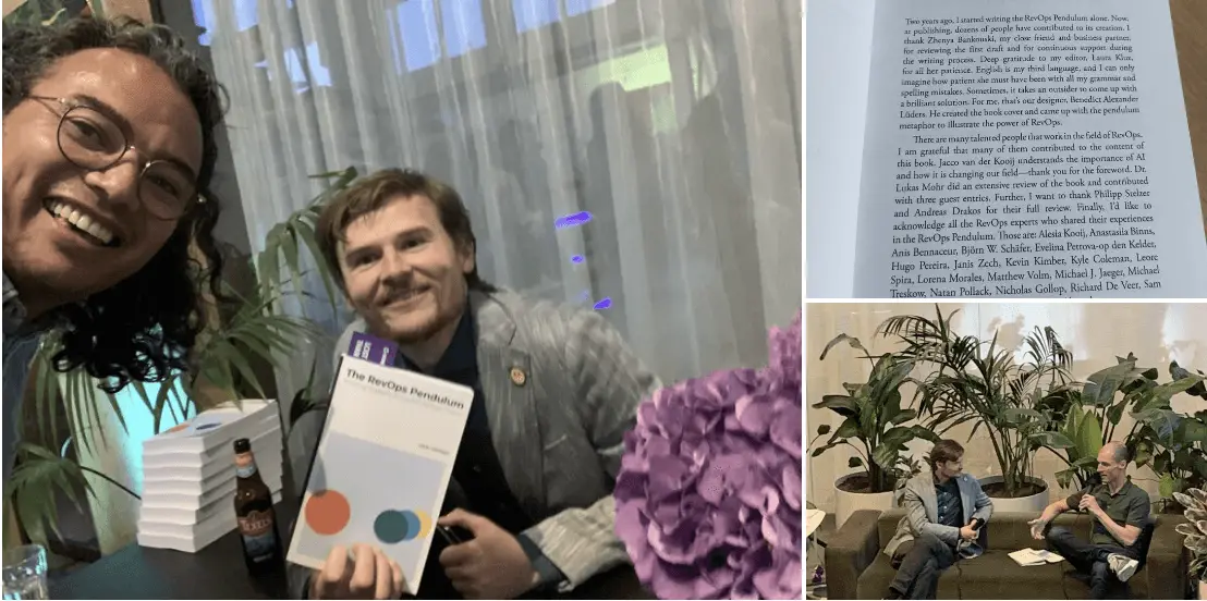 Een man houdt het boek "The RevOps Pendulum" vast naast een vriend. Inzetten tonen de tekst van het boek en een live podiuminterview.